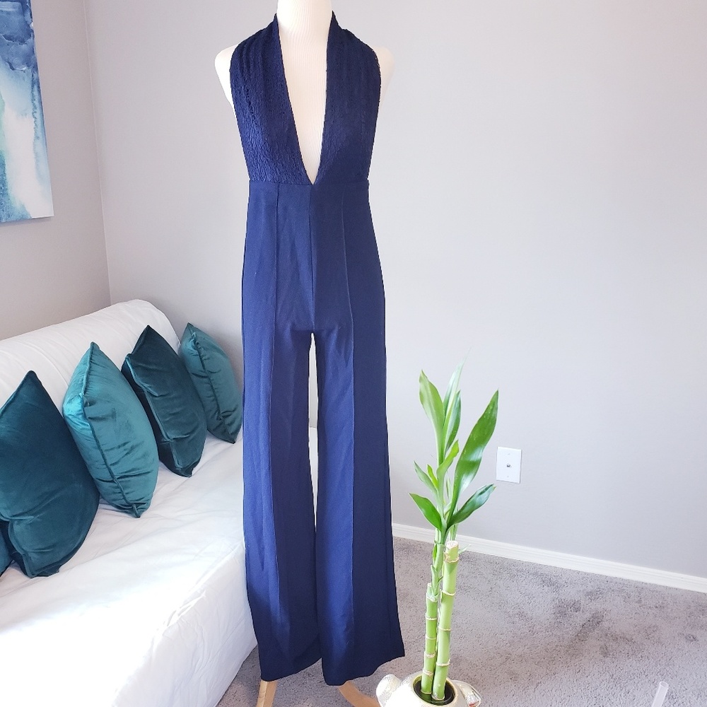 Lulu's backless lace halter jumpsuit in Navy